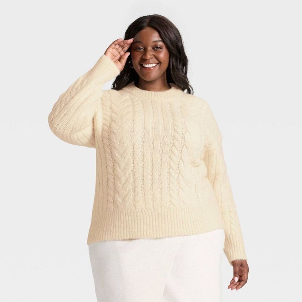 Women's Round Neck Cabled Sweater - A New Day Cream XXL